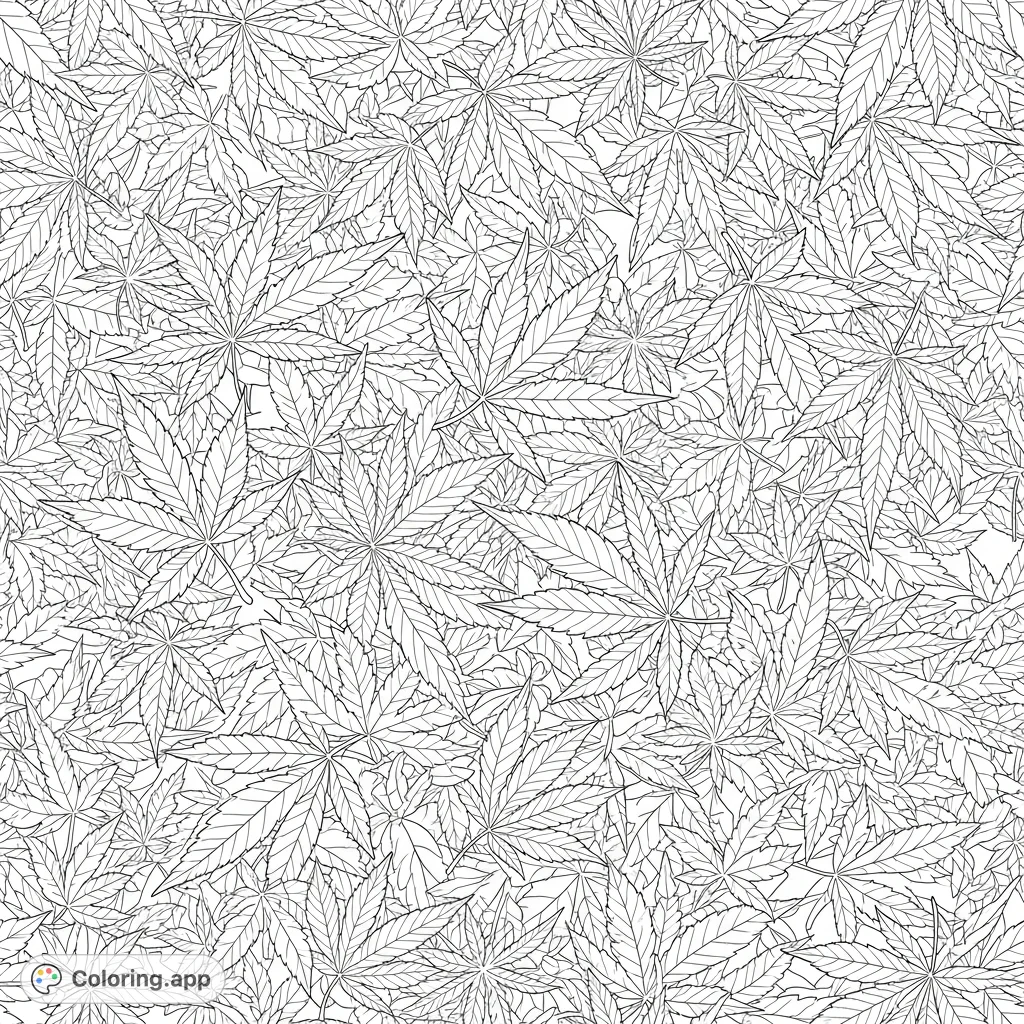 Immerse yourself in a dense tapestry of overlapping cannabis leaves, featuring intricate serrated edges and distinct veins for a satisfying coloring experience.