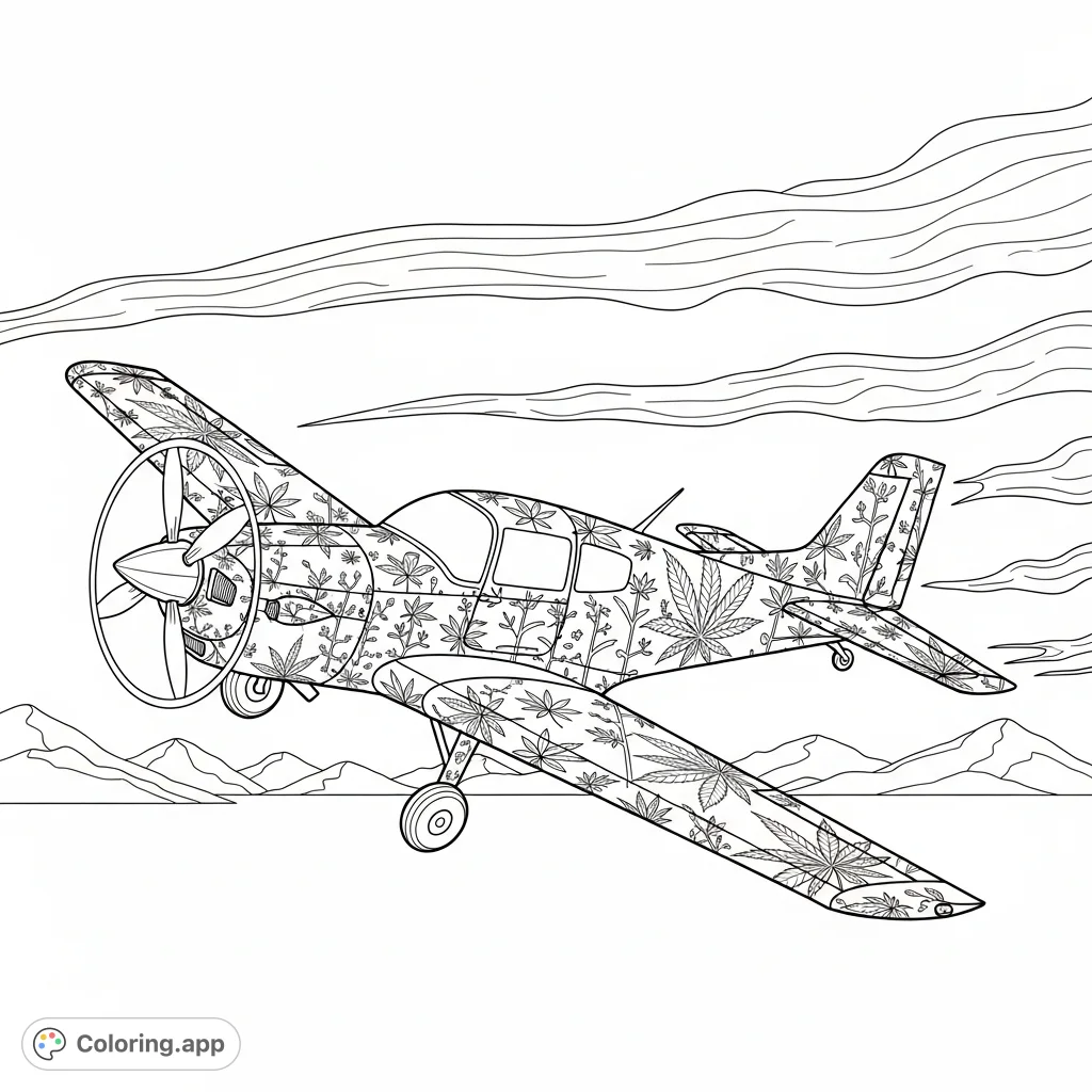 An elegant single-engine airplane featuring intricate cannabis leaf patterns flies across a vast sky with vapor trails and distant mountains.