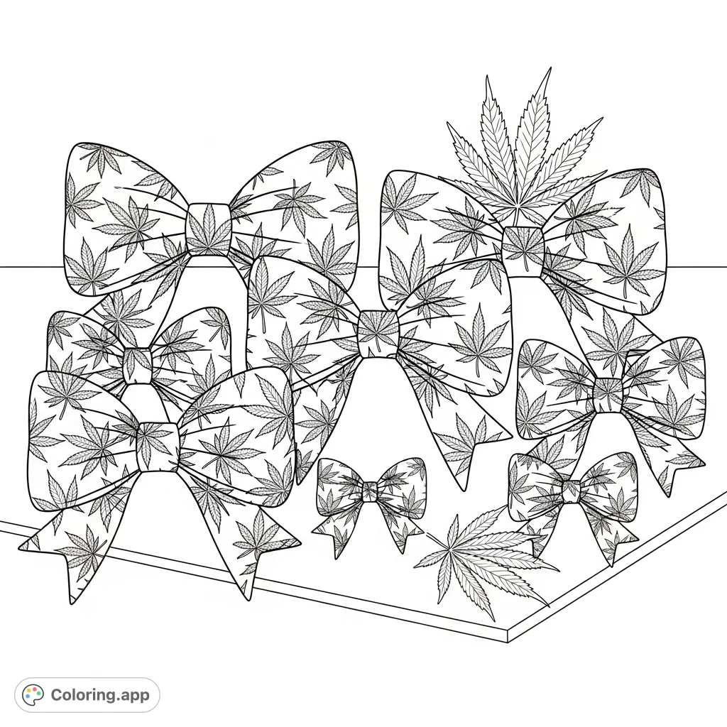 Discover a unique collection of bows, each adorned with an intricate cannabis leaf pattern, scattered alongside loose leaves for an engaging adult coloring page experience.