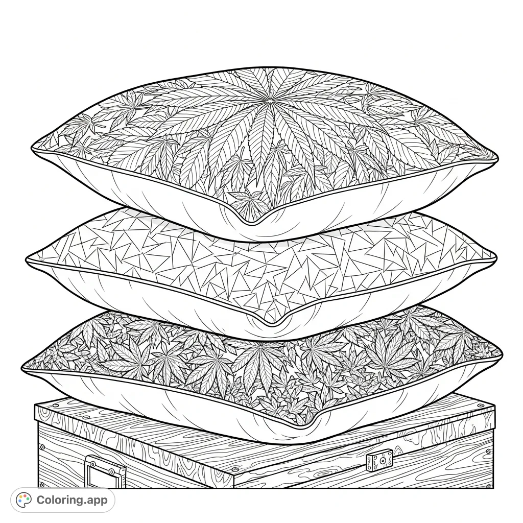 Explore a unique stack of three cannabis-themed throw pillows atop a rustic wooden chest, each with distinct leaf patterns for a relaxing coloring experience.