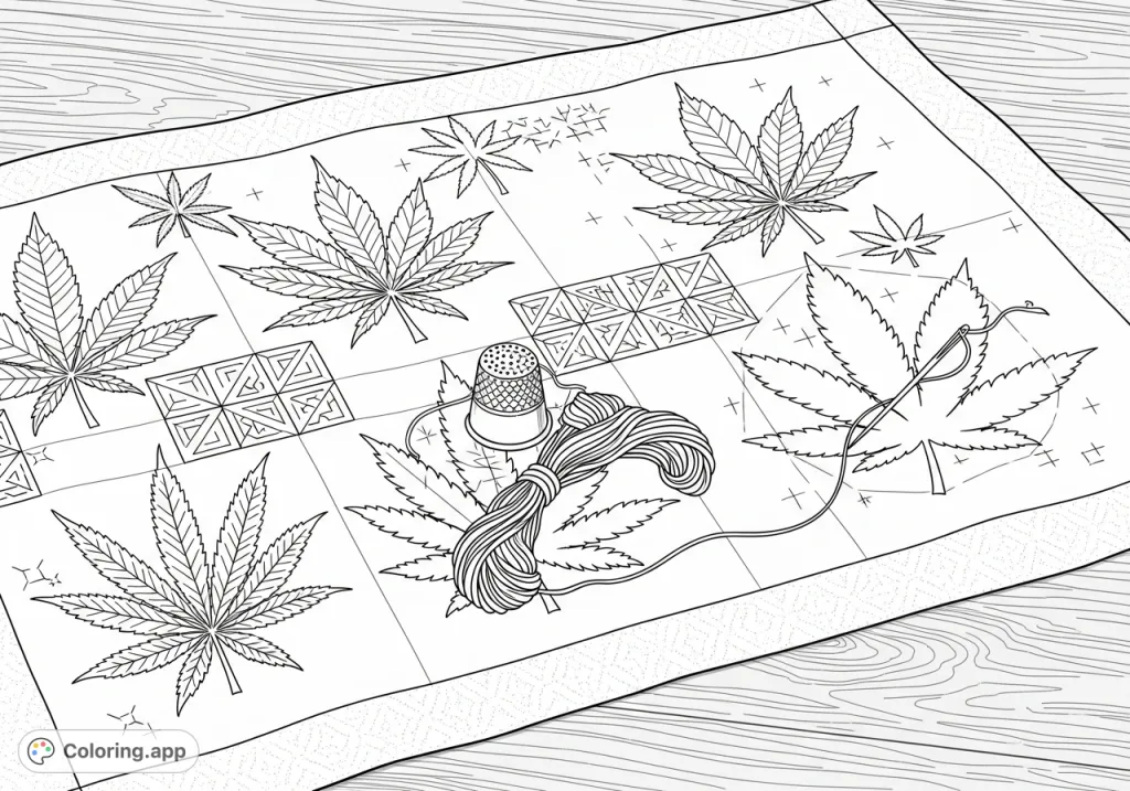 An intricate cannabis leaf quilt in progress, showcasing detailed stitching, crafting tools, and delicate patterns on a wooden surface.