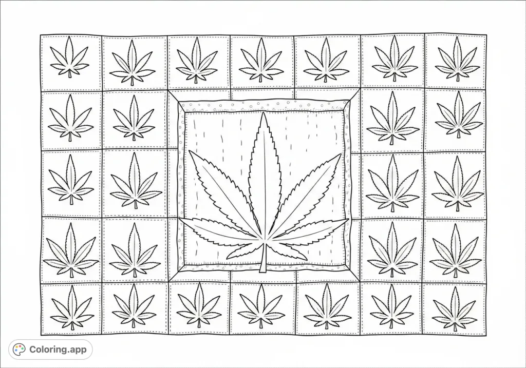 Explore a detailed overhead view of a quilt crafted from numerous square blocks, each featuring a bold, stylized cannabis leaf design and prominent grid stitching.