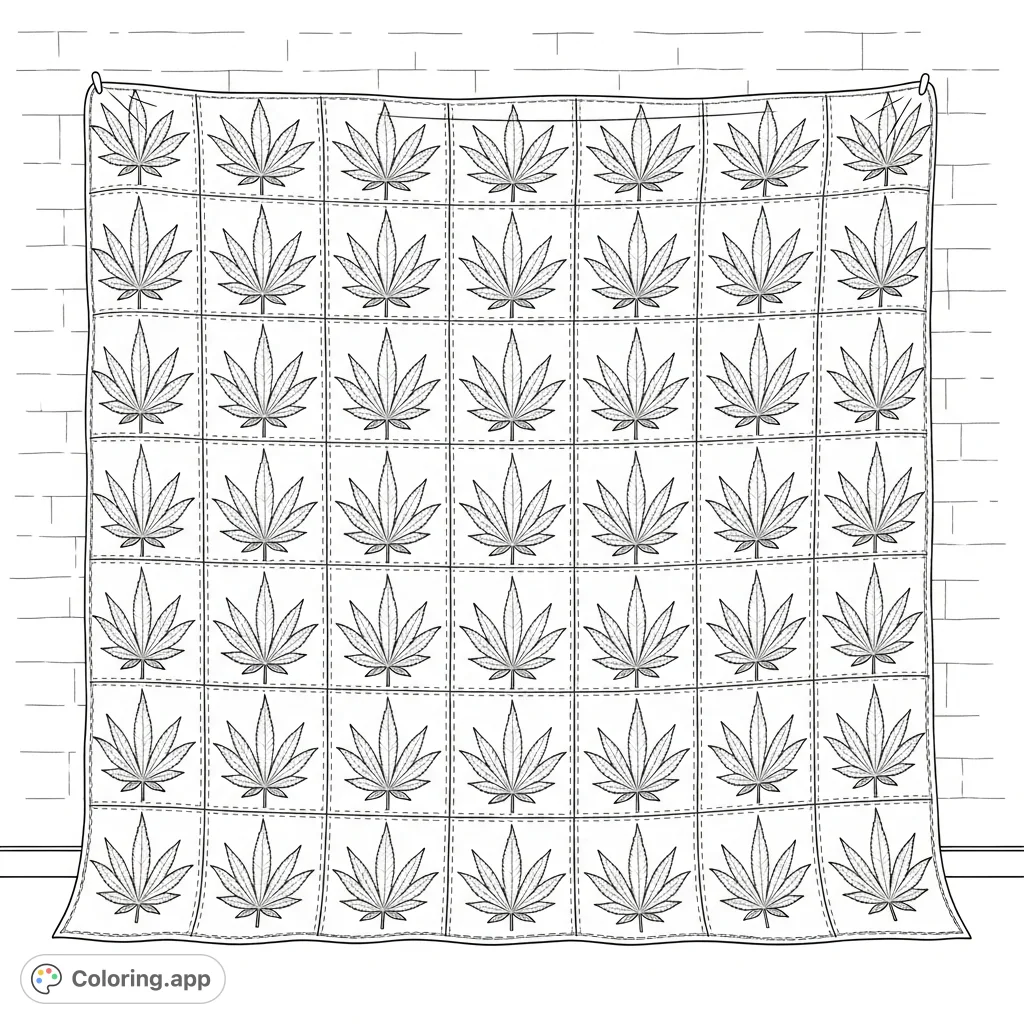 Explore a detailed cannabis leaf quilt coloring page, featuring numerous intricately designed leaves within a stitched grid, perfect for adult colorists seeking creative expression.