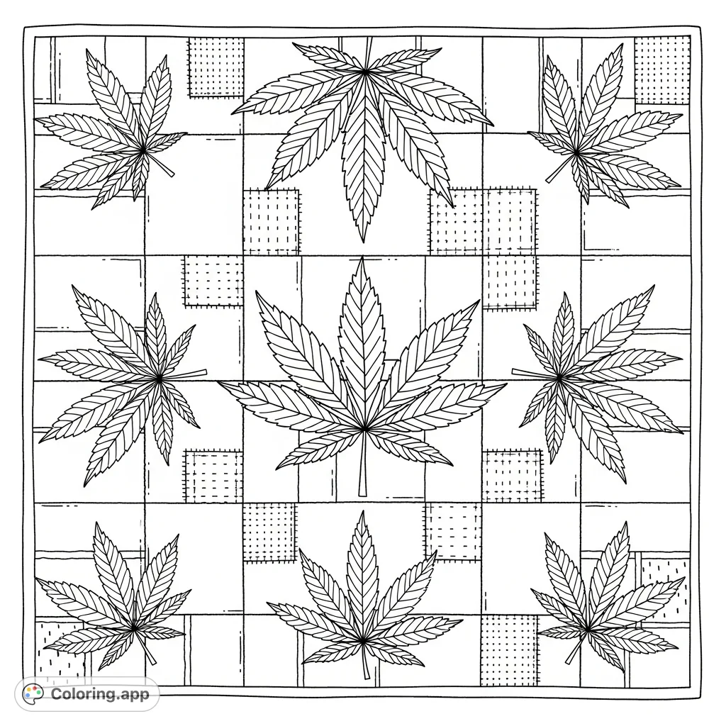 A detailed coloring page featuring a hand-stitched quilt with a symmetrical pattern of prominent cannabis leaves, showcasing intricate veins and robust fabric seams.