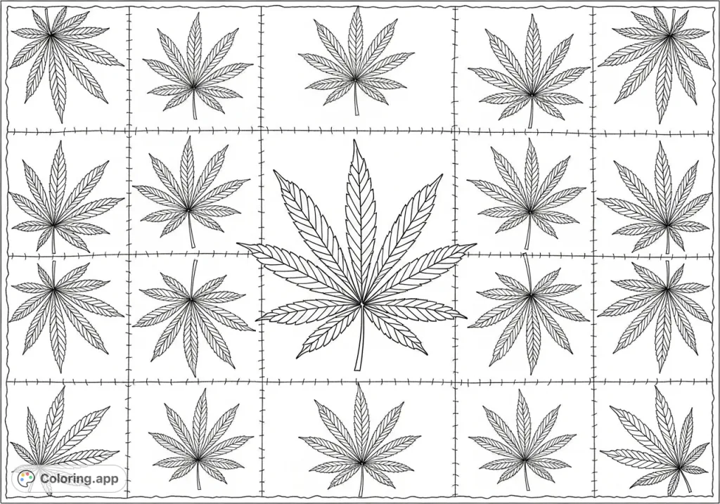 A detailed adult coloring page featuring a hand-stitched quilt with a symmetrical pattern of cannabis leaves, perfect for adult colorists seeking intricate designs.