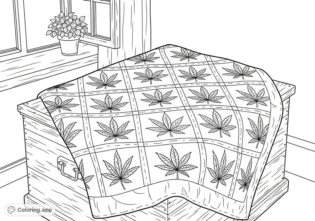 Discover a detailed cannabis leaf quilt coloring page on a distressed wooden chest near a window. Features intricate leaves and stitching for a challenging art experience.