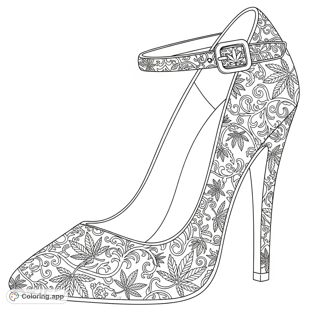 A detailed high-heeled stiletto covered in an intricate, swirling pattern of cannabis leaves and vines. Features a pointed toe, stiletto heel, and a decorative leaf buckle.