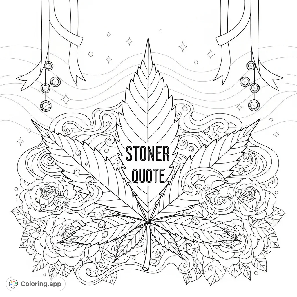 An intricately detailed cannabis leaf featuring a "stoner quote," surrounded by smoke tendrils, blooming roses, and sparkling gems, set against a dreamy background.