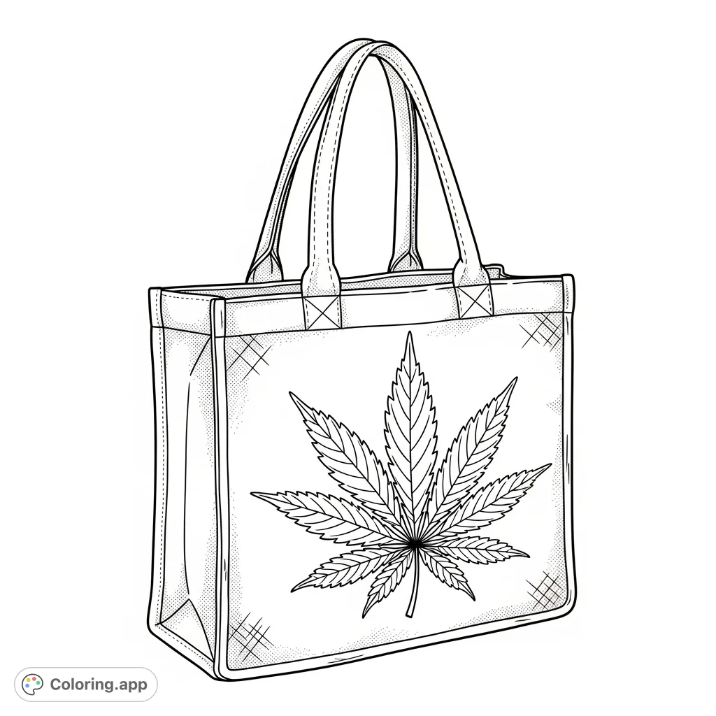 Color a stylish fabric tote bag featuring a prominent, intricately detailed seven-lobed cannabis leaf design. A unique adult coloring page for creative expression.