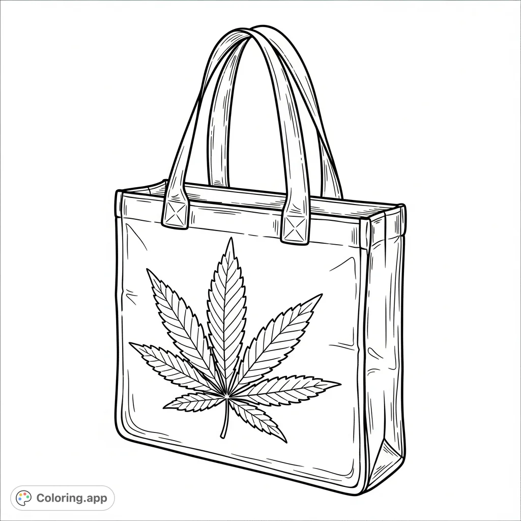 Color a stylish fabric tote bag featuring a prominent, detailed cannabis leaf design. An engaging free printable adult cannabis coloring page for relaxation.
