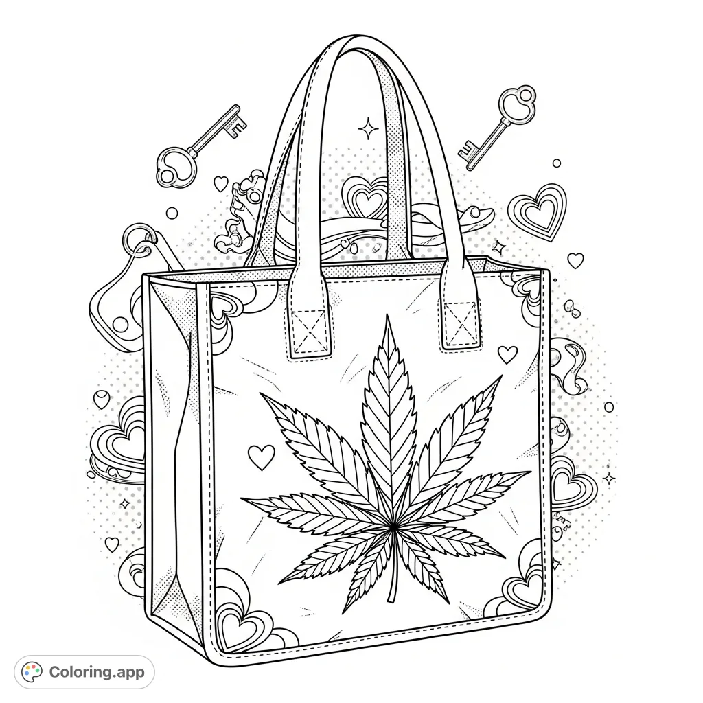A sturdy fabric tote bag featuring a prominent, intricately detailed seven-lobed cannabis leaf design on its front, perfect for a unique coloring experience.