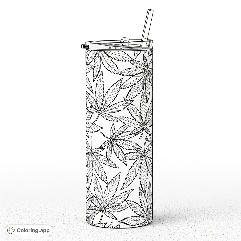 An intricately patterned cannabis tumbler coloring page, featuring detailed leaves. Perfect for adults to personalize and relax with a unique design.