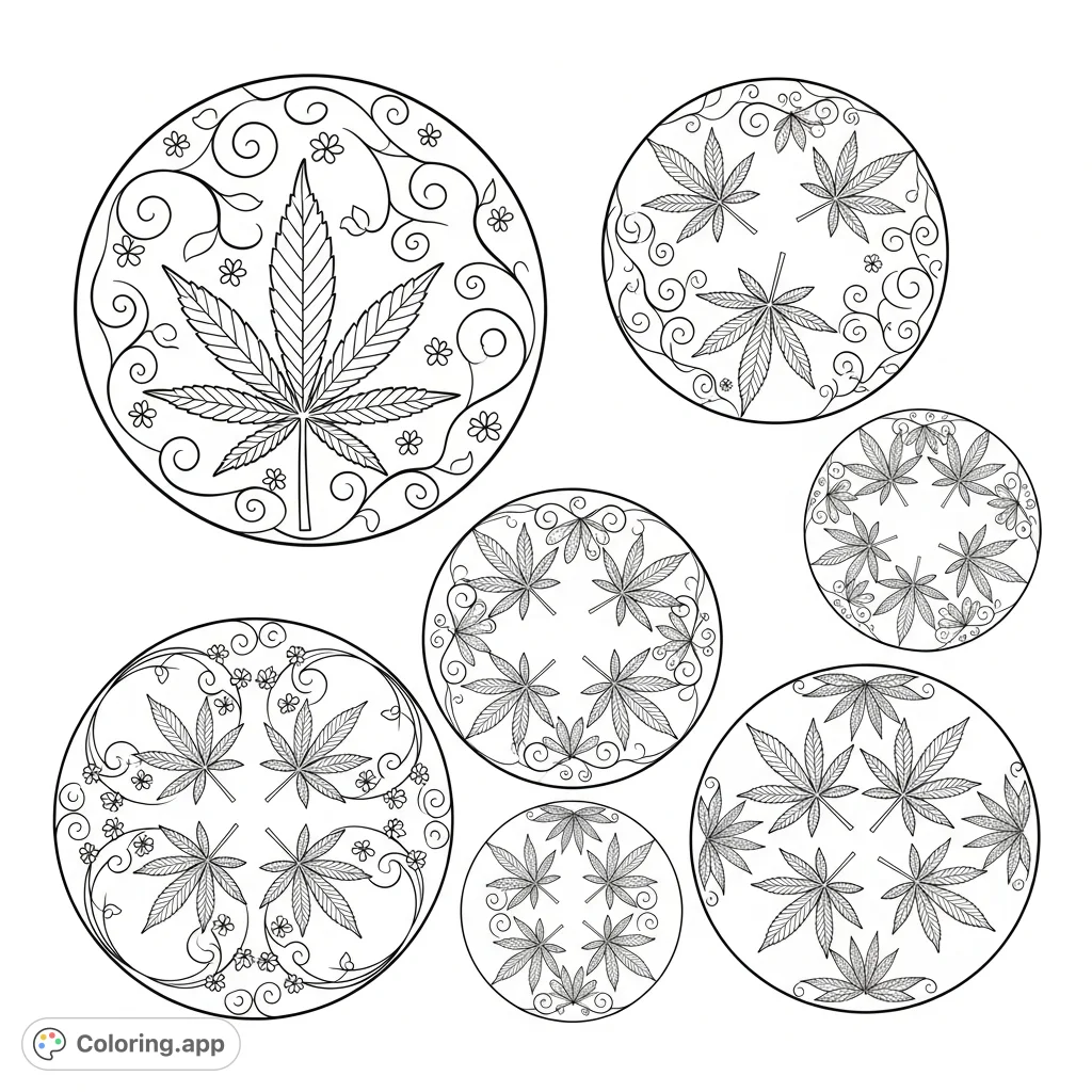 Explore intricate cannabis leaf patterns in beautiful circular vignettes. Delicate designs with swirling vines and blossoms offer a meditative coloring experience for adults.