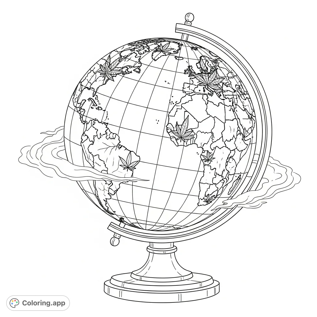 A unique cannabis globe coloring page, featuring continents shaped as stylized leaves and intricate geographical details for a relaxing coloring experience.