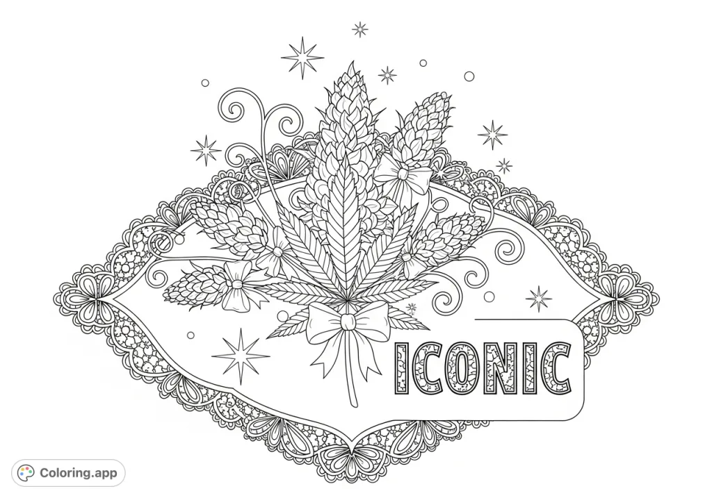A unique coloring page featuring delicate cannabis leaves with satin bows, surrounded by whimsical florals and an ornate lace frame. The word ICONIC adds a bold touch.