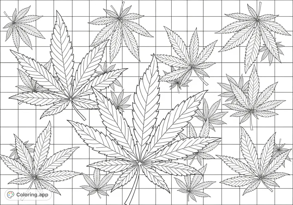 Intricate cannabis leaves with serrated edges and prominent veins, overlapping a precise checkerboard background for a detailed coloring experience.