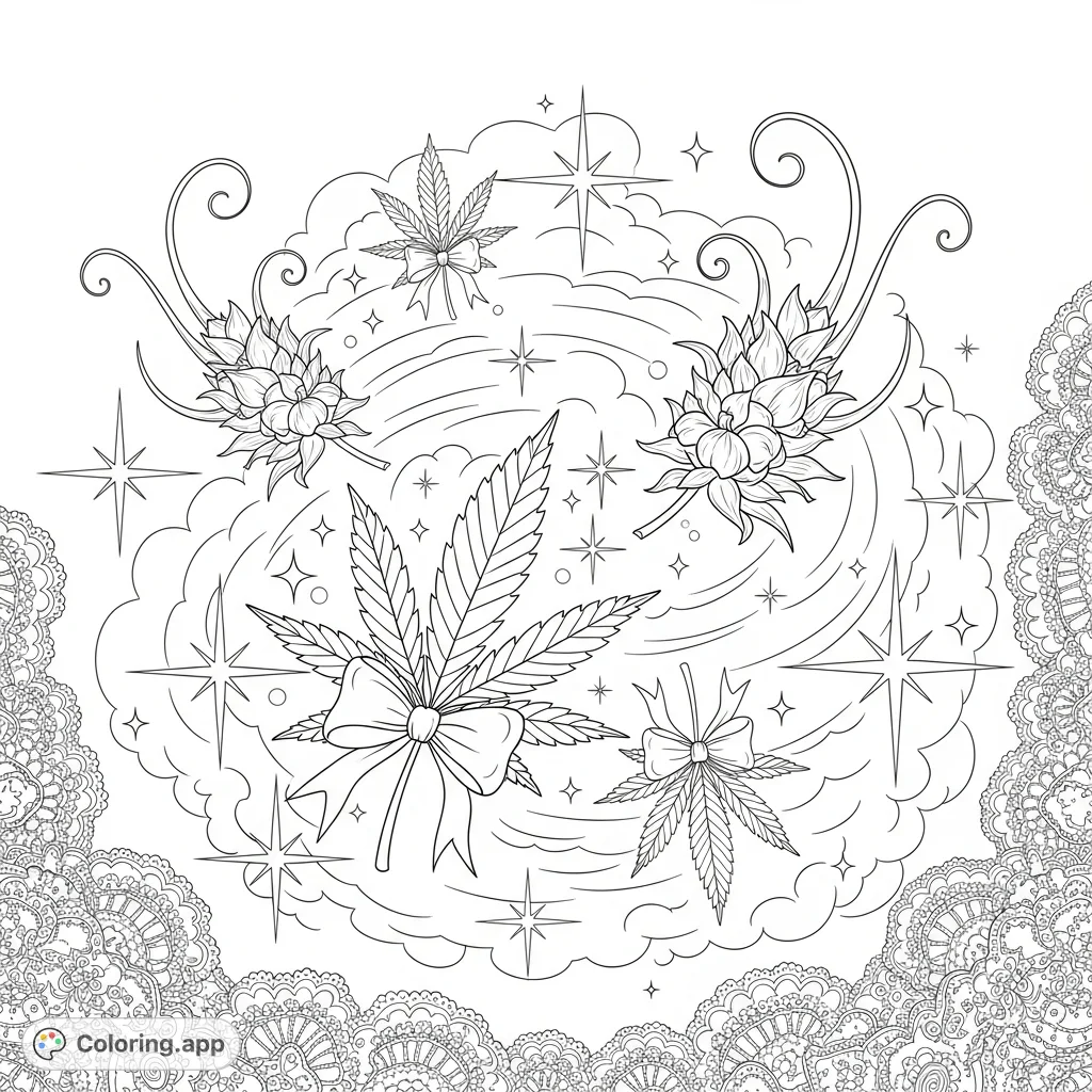 Delicate cannabis leaves adorned with satin bows drift in a swirling, star-filled mist, guided by elegant floral tendrils, all framed by intricate lace patterns.