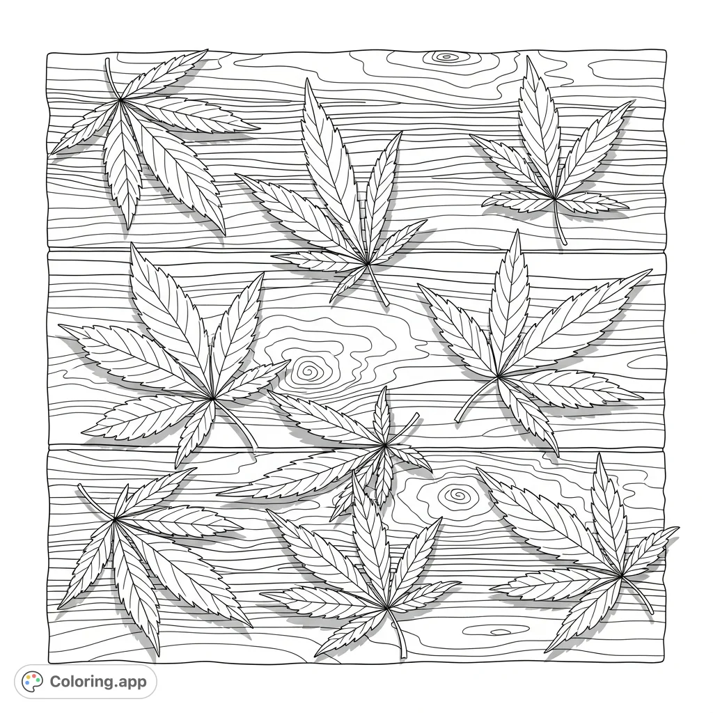 Explore the intricate details of distinct cannabis leaves scattered across a rustic wooden surface. A detailed, natural composition.