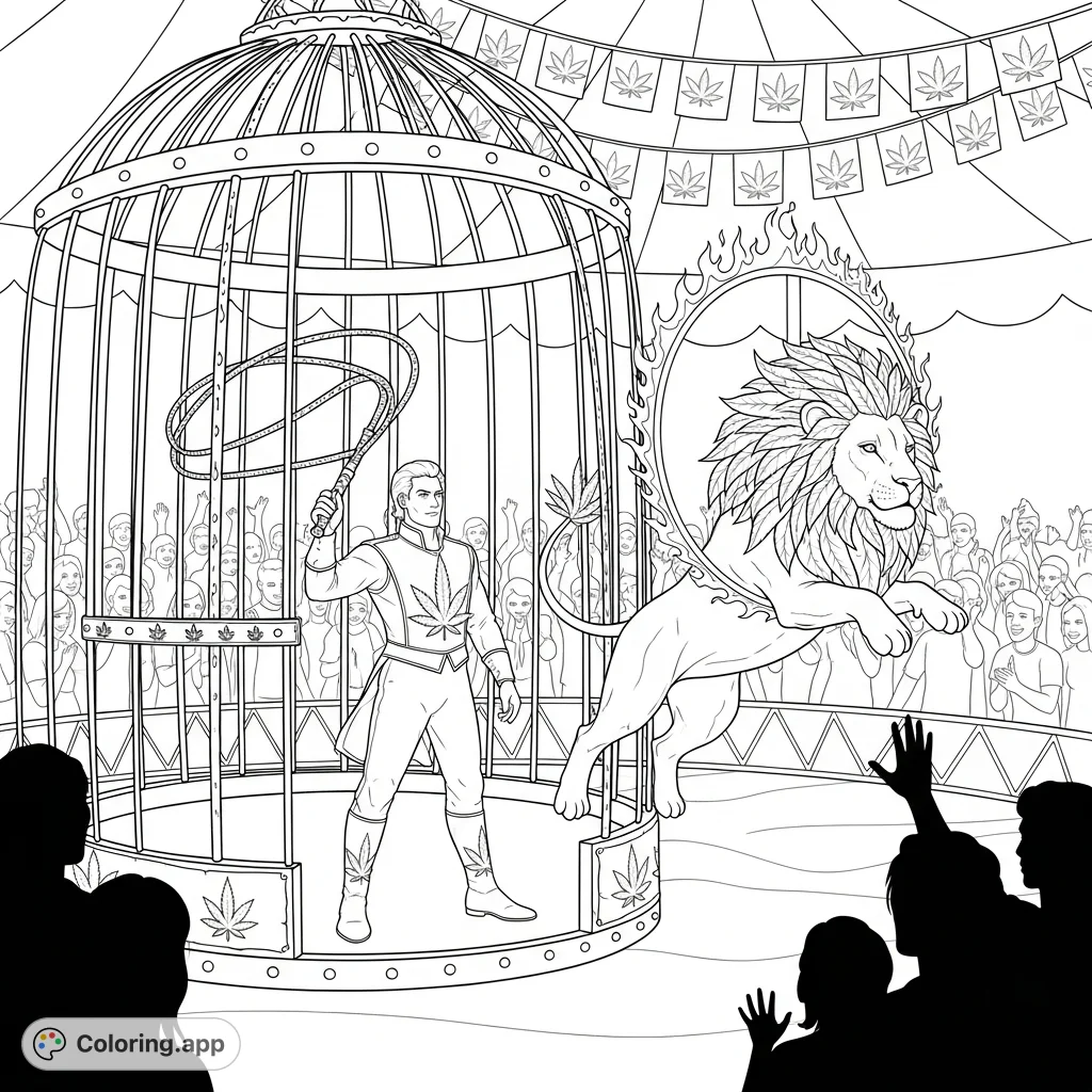 Experience the unique thrill of a lion tamer show with a cannabis-themed twist. A majestic lion leaps through fire, framed by ornate details and a cheering crowd.