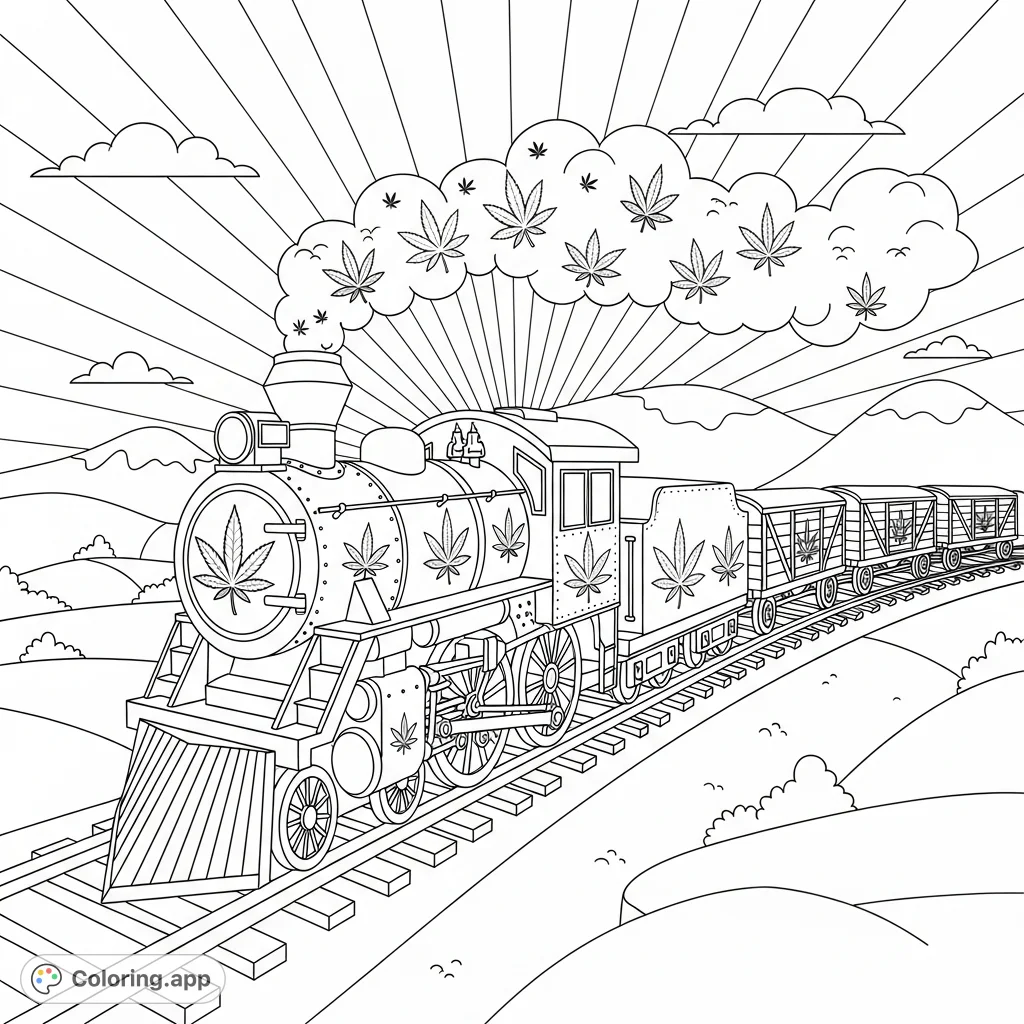 A powerful steam locomotive adorned with stylized cannabis leaf designs pulls freight carriages through an undulating landscape. Whimsical leaf-shaped smoke adds to its charm.