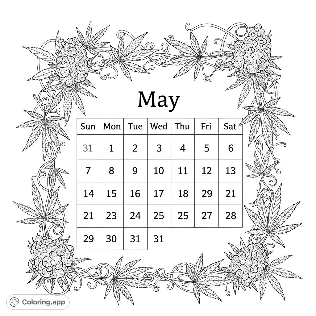 An intricate May calendar coloring page featuring cannabis leaves and botanical details, perfect for adult colorists. A unique blend of functional and natural design.
