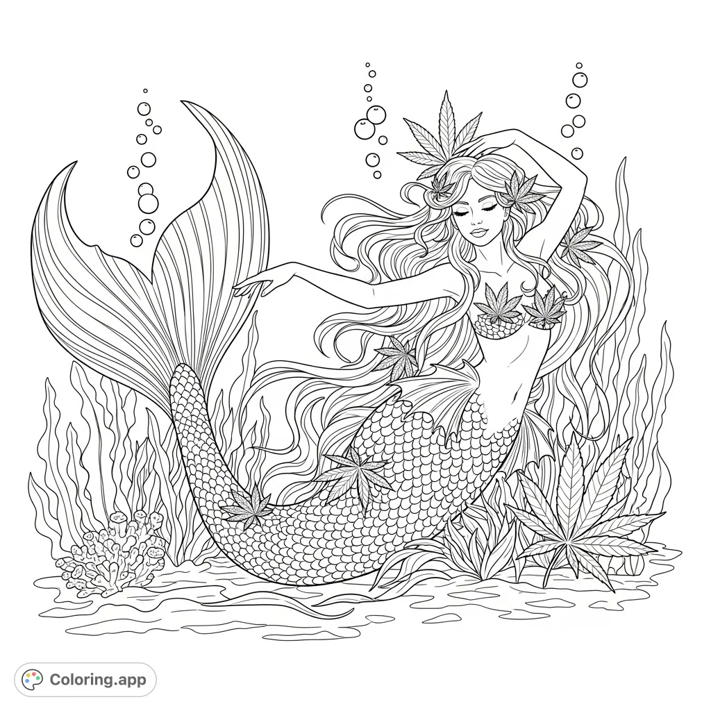 Discover a unique cannabis mermaid coloring page, featuring a graceful mermaid with intricate scale patterns and distinctive leaf motifs in a serene underwater scene.