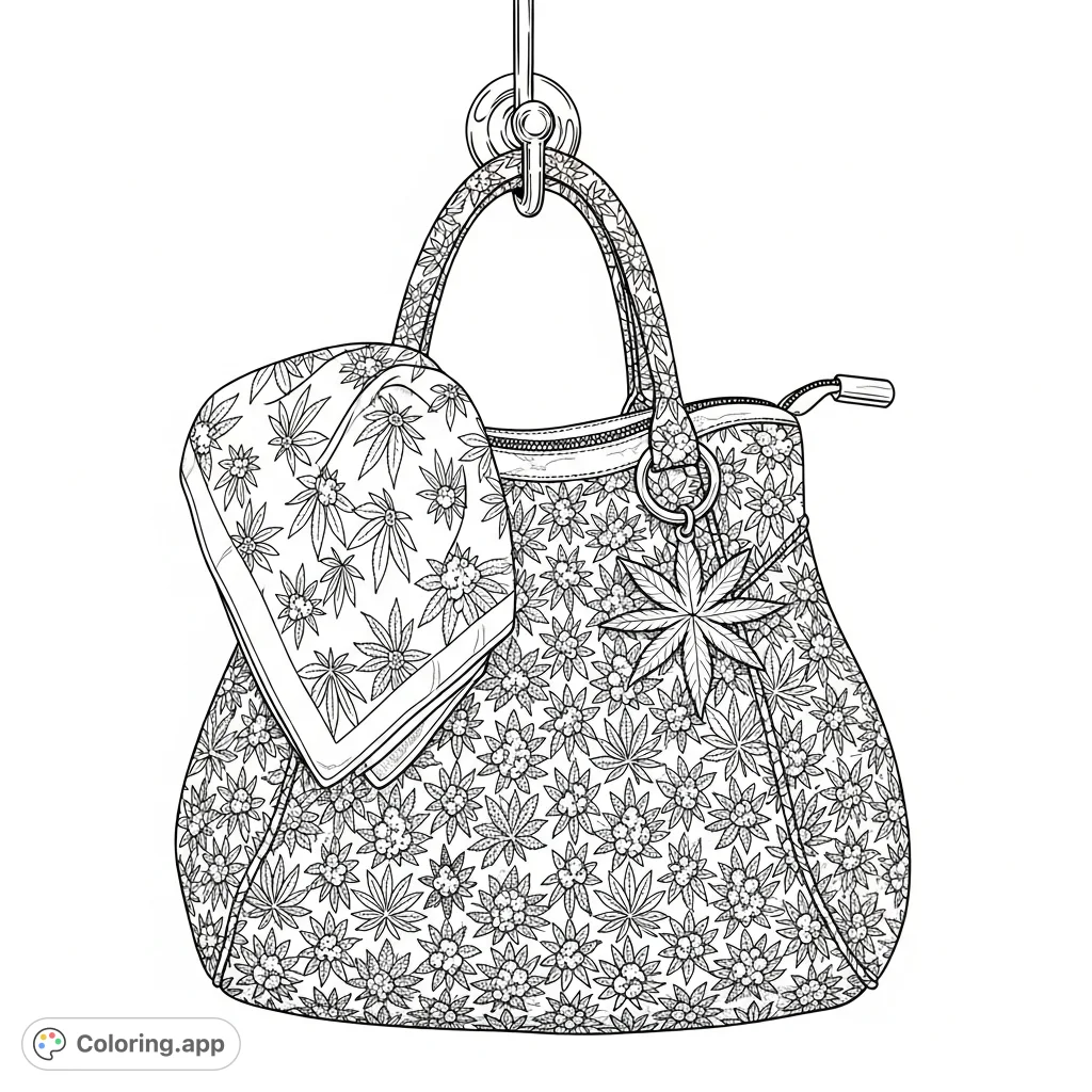 An intricately patterned handbag featuring a dense cannabis leaf motif, with a matching silk handkerchief peeking out, perfect for creative adult colorists.