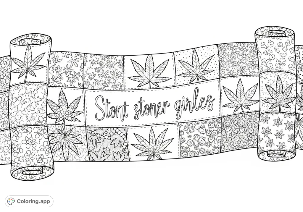Unfurl a unique cannabis patchwork banner, adorned with delicate lace, pearl-like beads, and a central stoner quote in girly script. Intricate design awaits!