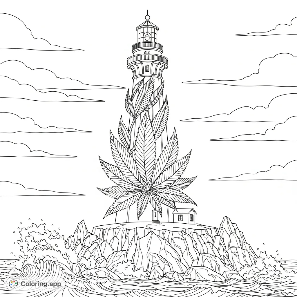 A unique cannabis plant lighthouse stands tall on a rugged coastline with crashing waves. A creative and captivating scene for adult colorists.