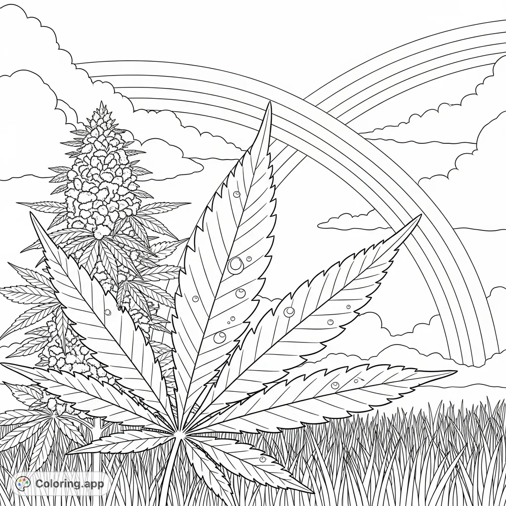 A striking cannabis plant stands prominently in a field under a majestic double rainbow, with water droplets adorning a large leaf. A unique adult coloring page.