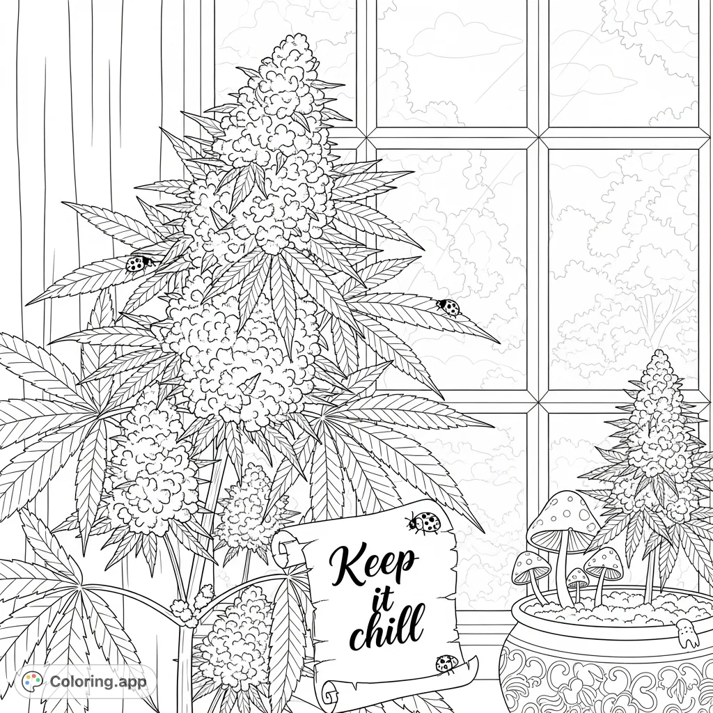 Discover a detailed cannabis plant coloring page featuring broad leaves, textured buds, tiny ladybugs, and a hidden scroll with a chill quote.