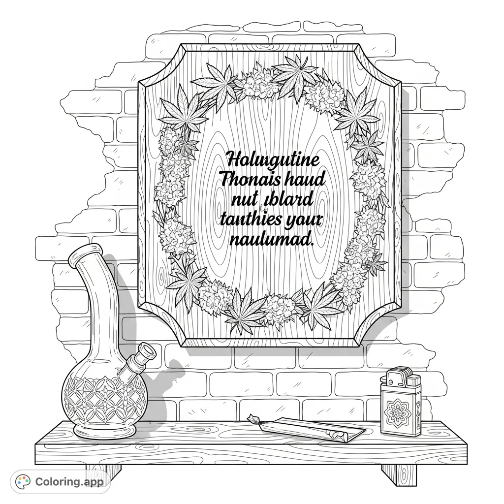 A detailed wooden plaque with an engraved casual quote and intricate cannabis leaf border hangs on a rustic brick wall, featuring a bong and accessories.