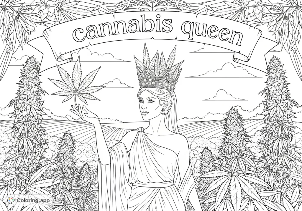 Immerse yourself in the majestic Cannabis Queen coloring page. A regal woman in flowing attire stands amidst a lush garden of cannabis plants.
