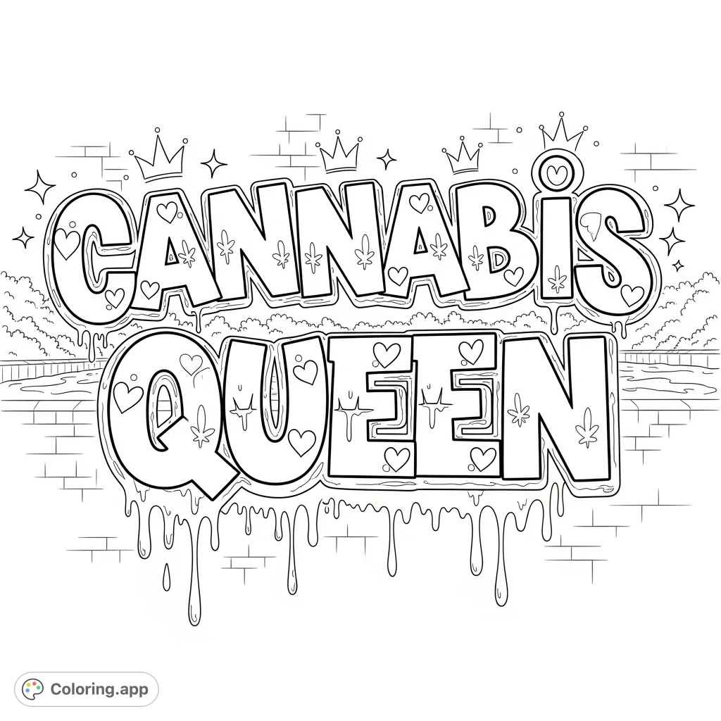 A bold "Cannabis Queen" graffiti piece featuring dynamic bubble letters, sharp angles, paint drips, and regal crown motifs on a textured urban wall. Perfect for creative expression.