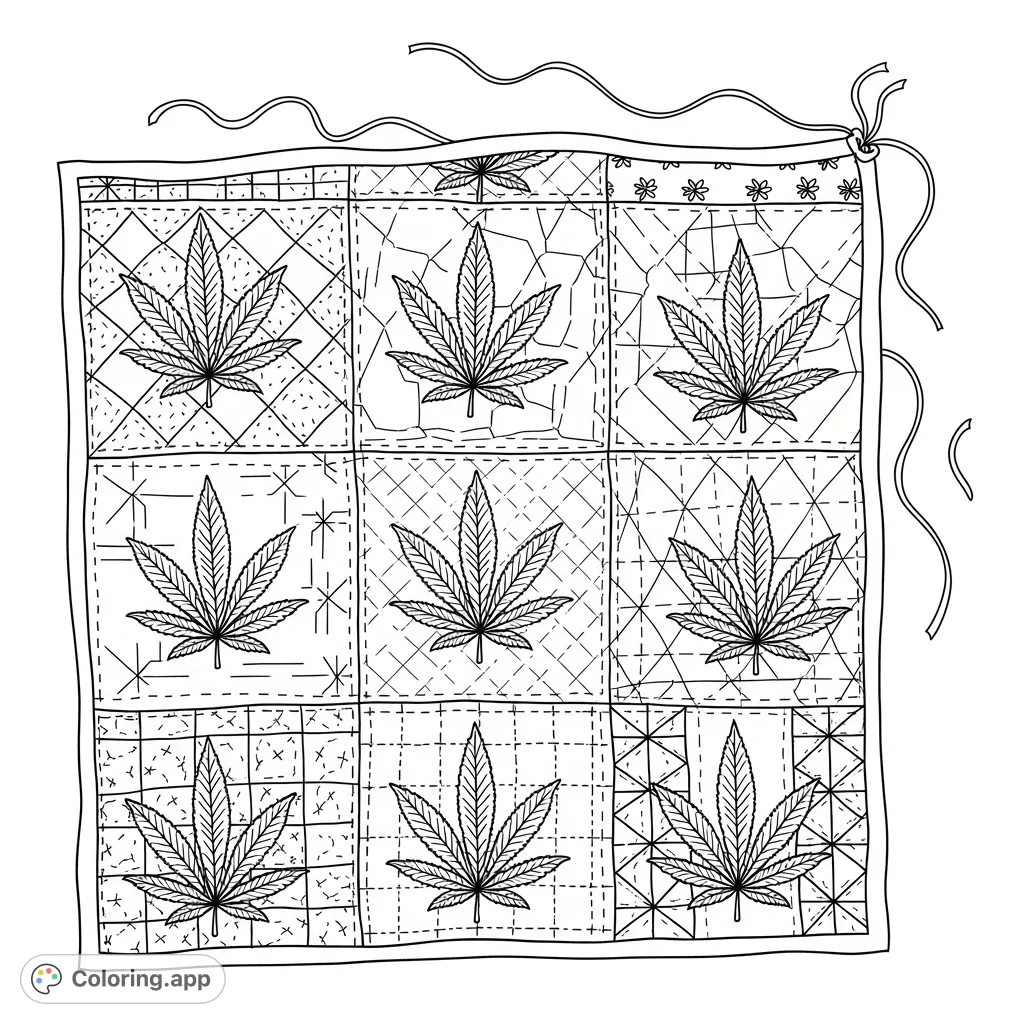 An intricate coloring page featuring a hand-stitched quilt adorned with detailed cannabis leaf motifs and visible stitching, perfect for adult colorists.
