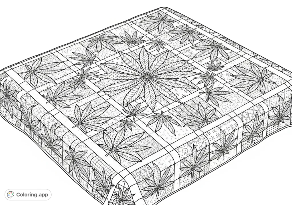 Discover a detailed cannabis quilt coloring page with intricate leaf patterns and visible stitching. A unique design for adult colorists seeking a meditative challenge.