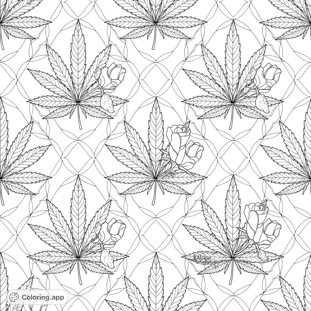 An intricate repeating pattern of stylized cannabis leaves with delicate rosebuds, interwoven with a subtle, interlocking ribbon lattice design, perfect for adults.