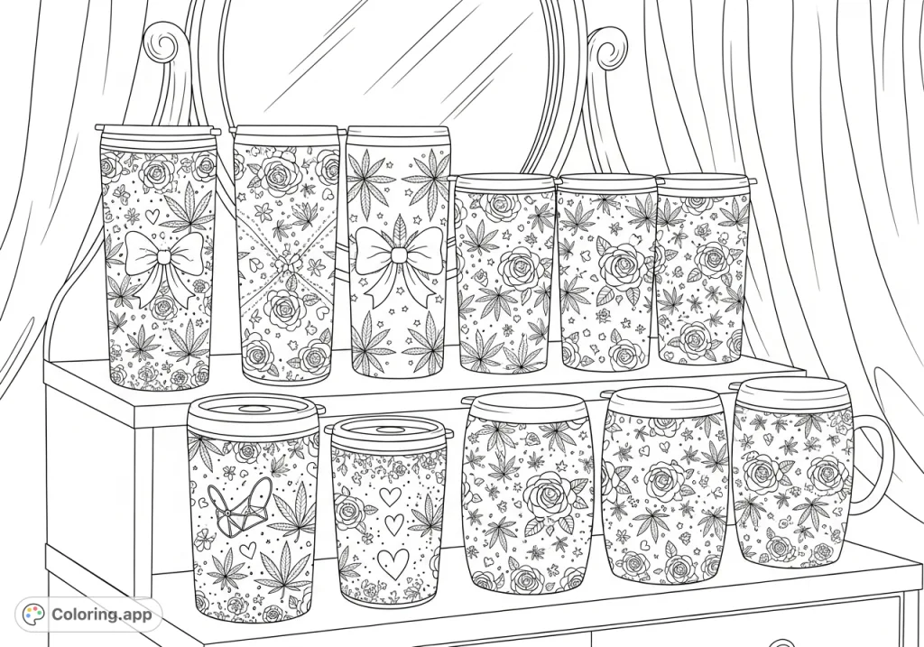 Intricate tumbler designs featuring cannabis leaves, roses, stars, and hearts on a vanity shelf. A unique adult coloring page for relaxation.