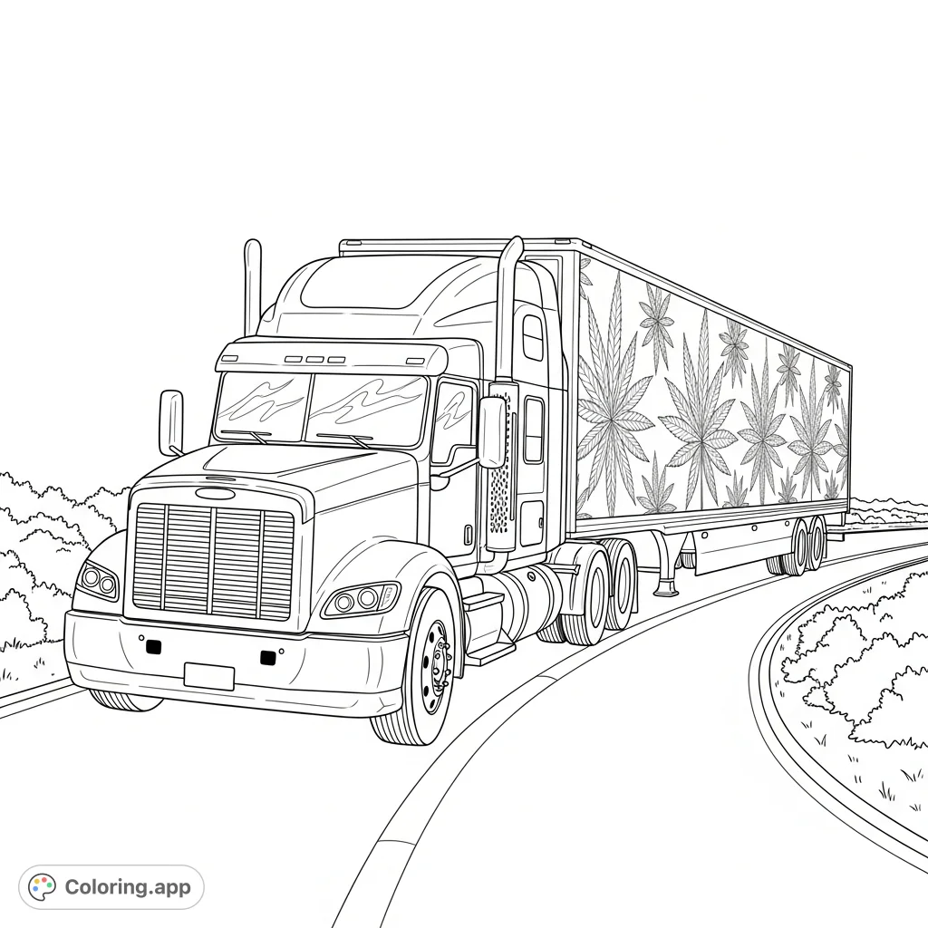 A unique cannabis semi-truck with intricate, girly leaf patterns takes a sharp curve on a winding road. A detailed and engaging coloring challenge for adults.