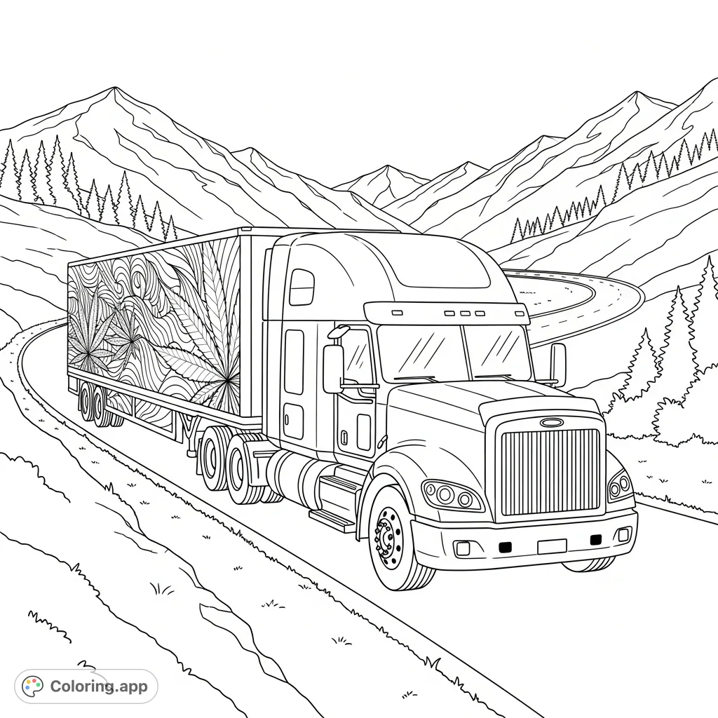 Color a detailed semi-truck adorned with intricate cannabis patterns, winding through a majestic mountain pass with distant peaks and scattered trees.