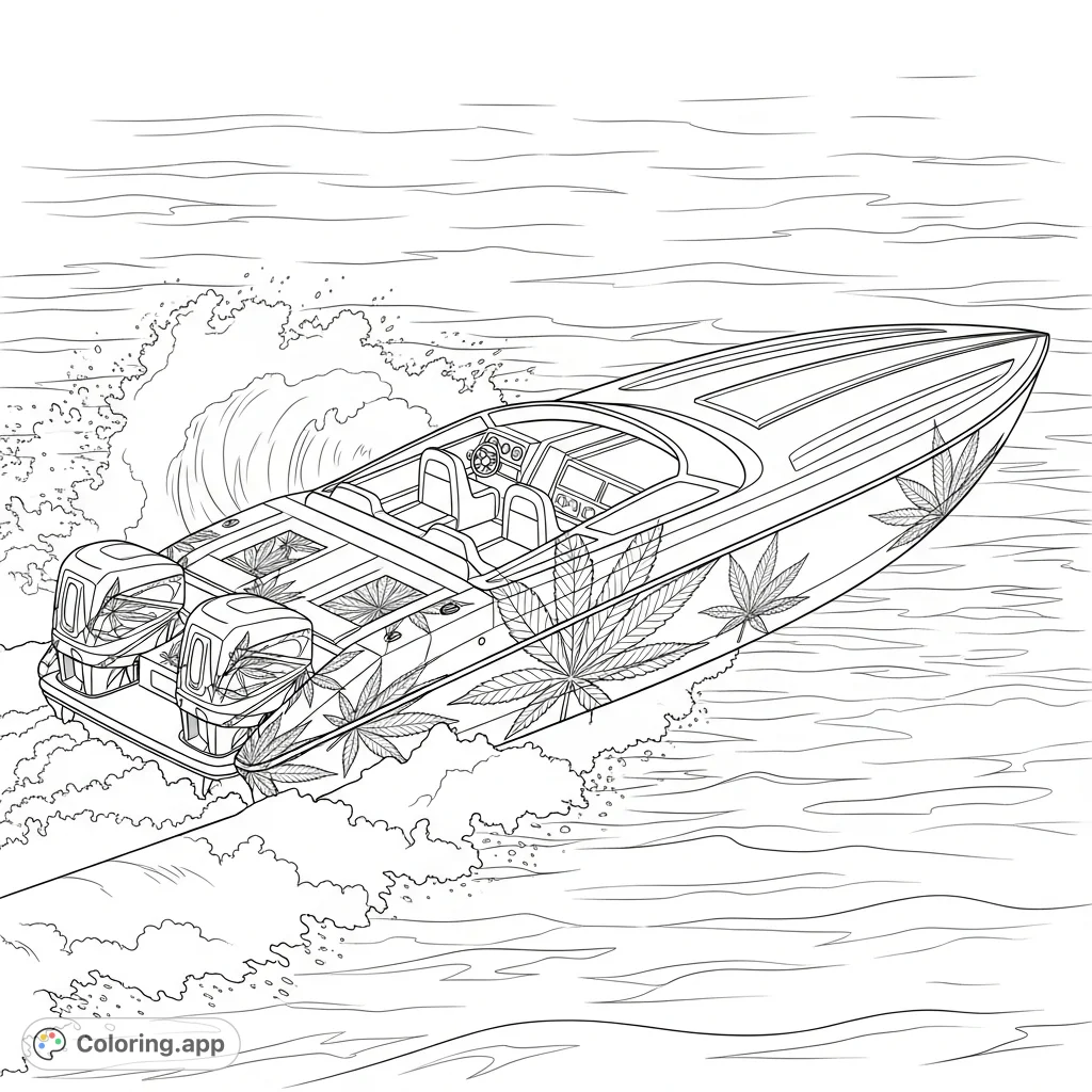 A sleek speed boat adorned with prominent cannabis leaf designs slices through open water, leaving a dynamic wake. An engaging coloring page for adult enthusiasts.