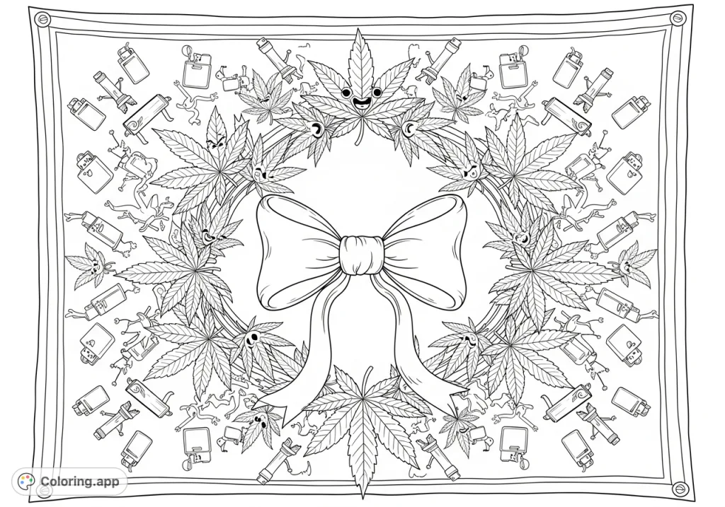 An intricate tapestry featuring a stylized bow encircled by detailed marijuana leaves, with miniature lighters and rolling papers forming an elaborate, symmetrical design.