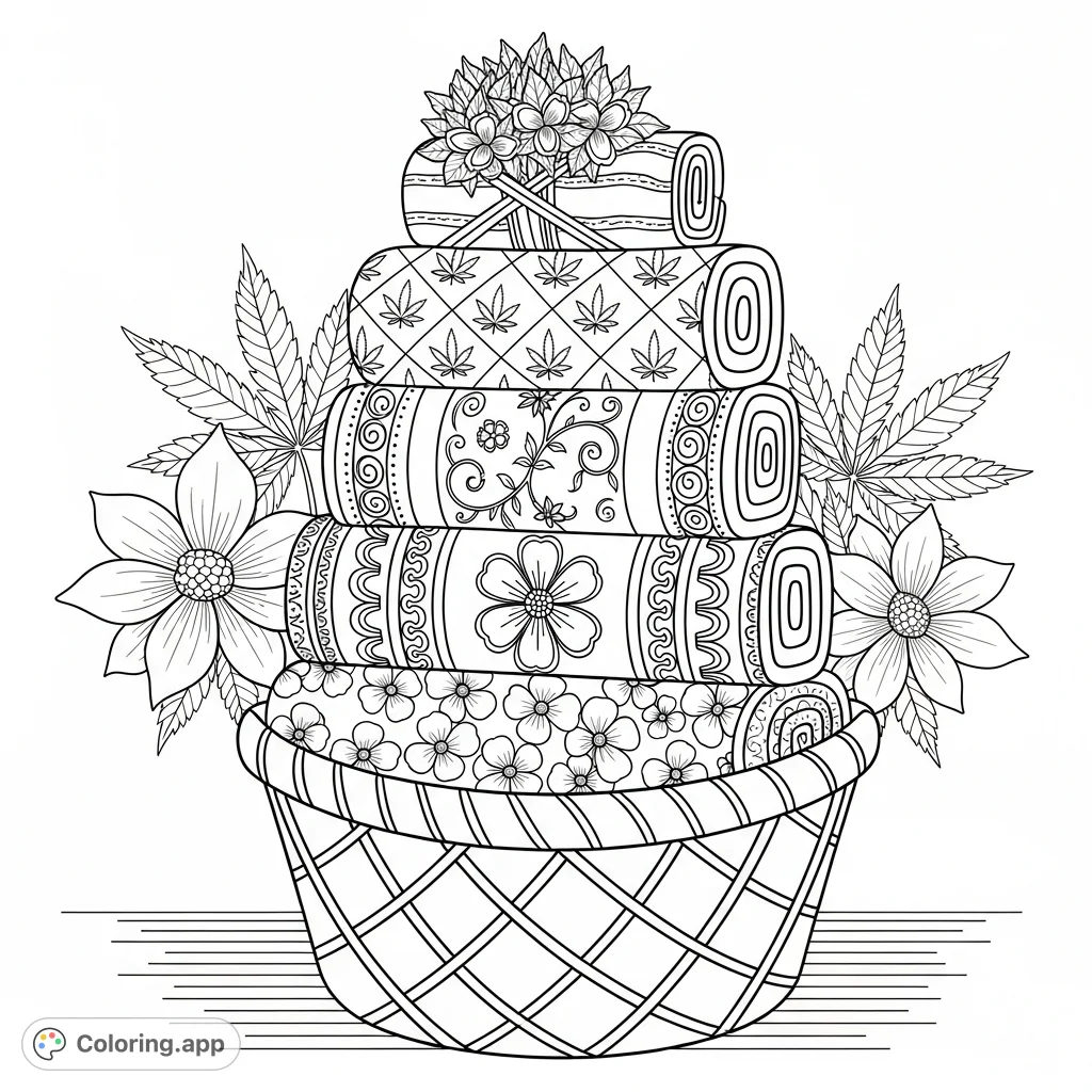 Explore intricate patterns of cannabis leaves and floral motifs across beautifully rolled textiles in a rustic basket, flanked by detailed flowers and leaves. A unique artistic challenge.