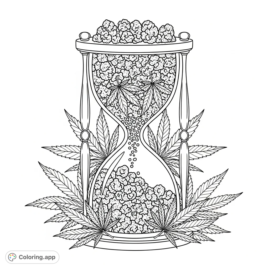 Explore a unique marijuana hourglass coloring page, featuring detailed cannabis buds and leaves flowing through a classic timepiece.