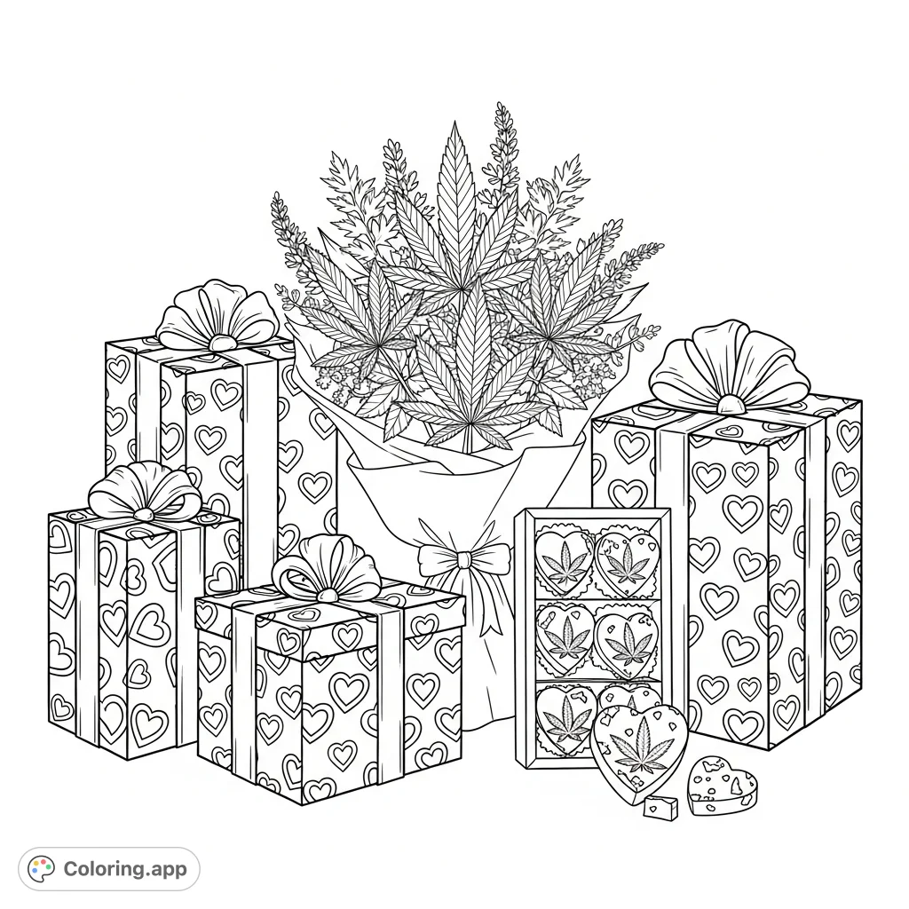 A unique cannabis valentines coloring page featuring a detailed bouquet, heart-patterned presents, and a box of cannabis heart-shaped chocolates. Perfect for adult colorists.