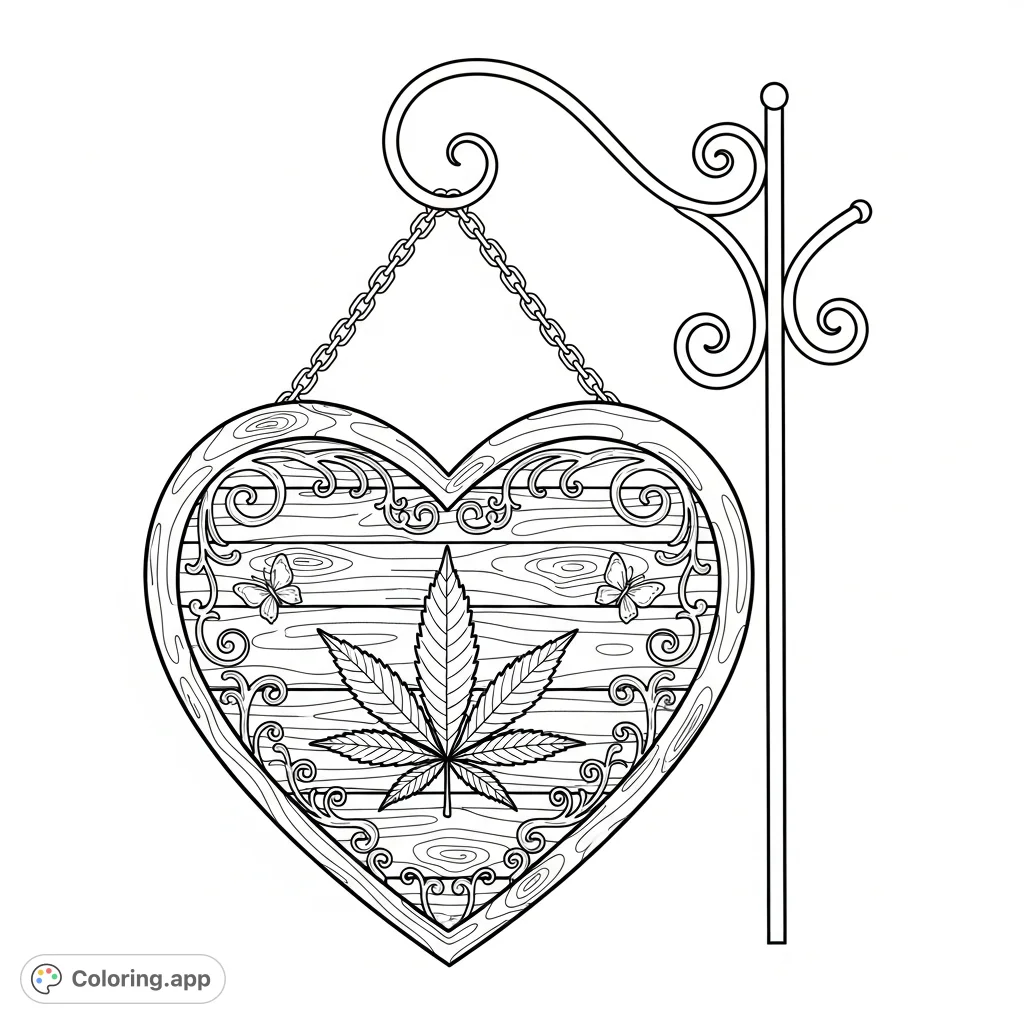 A unique coloring page featuring a heart-shaped wooden sign with a carved cannabis leaf, adorned with swirling patterns and butterflies, hanging from a decorative stand.
