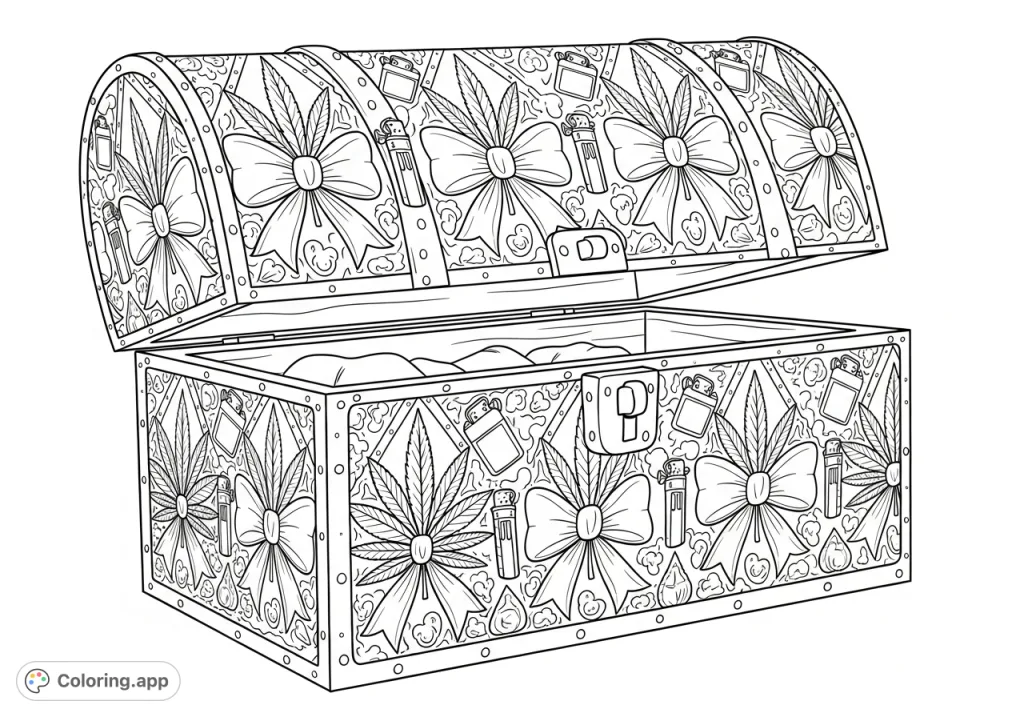 An intricately carved antique wooden chest featuring stylized bows, detailed marijuana leaves, lighters, and rolling papers in a rhythmic pattern. A unique adult coloring page.
