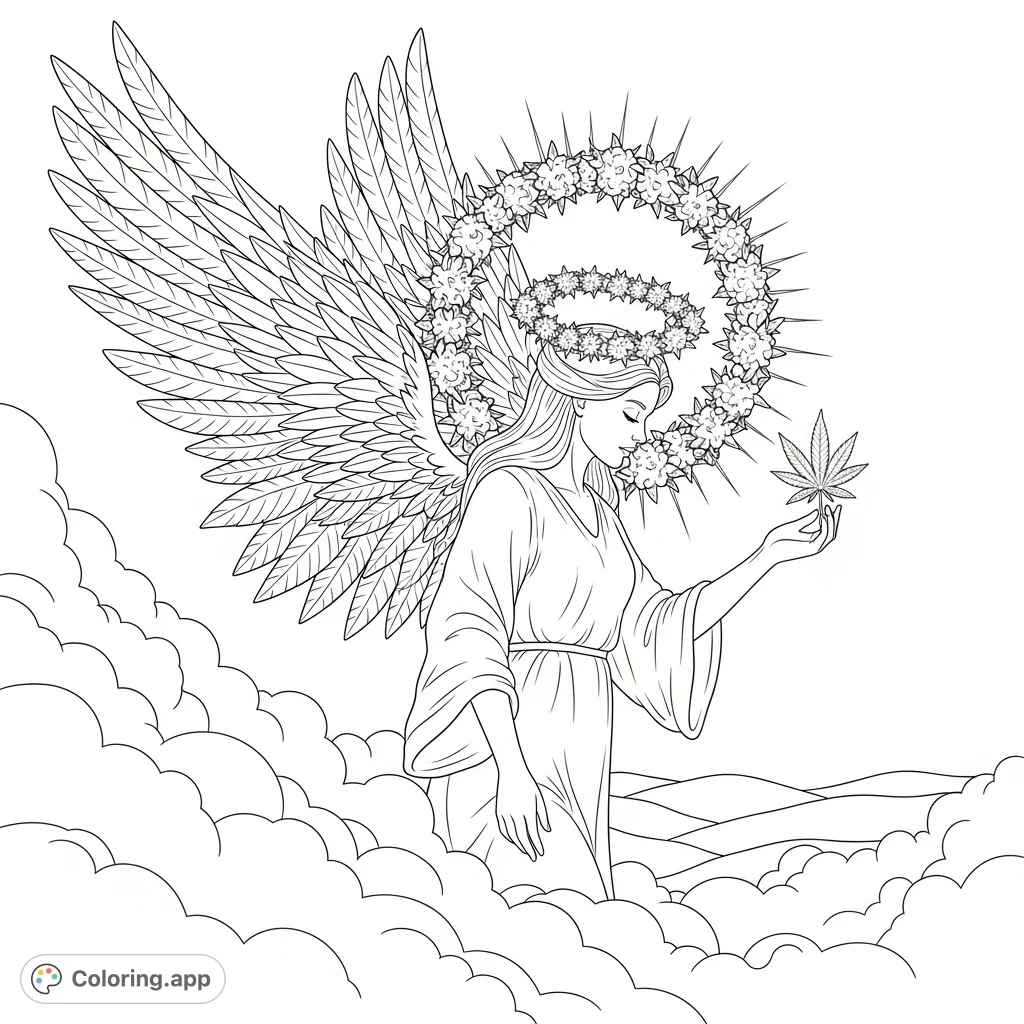 A serene angel with wings intertwined with cannabis leaves and a halo of buds hovers above misty hills, holding a cannabis flower. An ethereal and detailed coloring page.