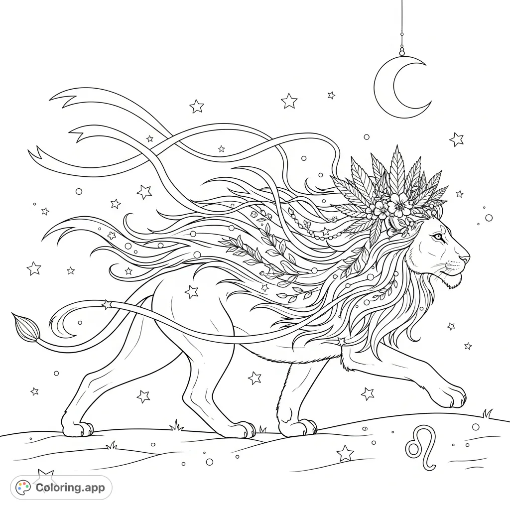 A majestic lioness strides across a star-dusted plain, adorned with a crown of cannabis leaves and ribbons. Features a crescent moon and Leo glyph.