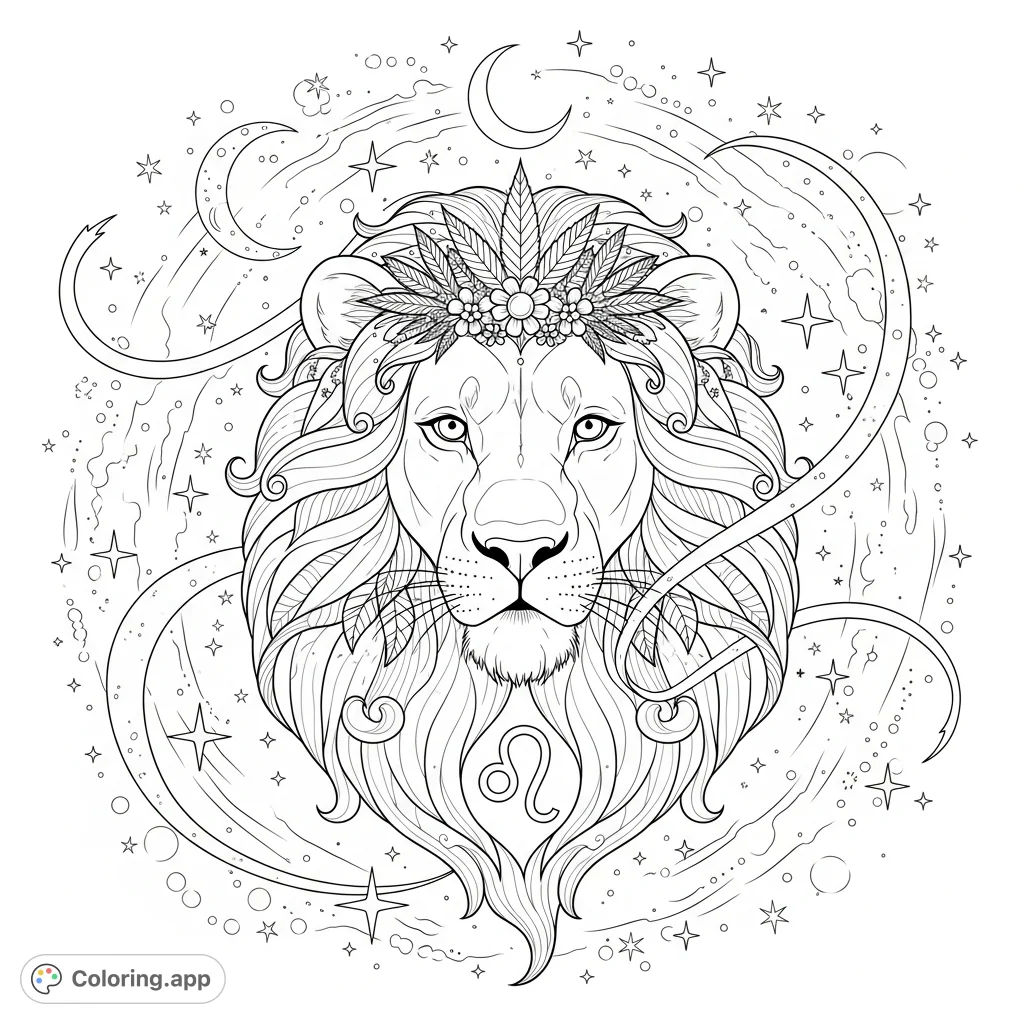 A majestic lioness emerges from a cosmic nebula, adorned with a unique cannabis leaf tiara, surrounded by stars and a crescent moon. Perfect for detailed coloring.